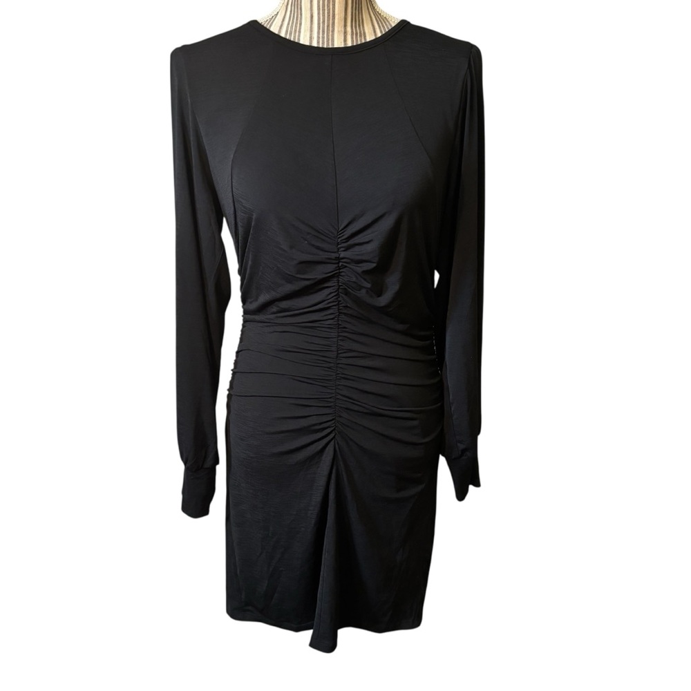 NWT 19 Cooper Dress Large Black Long Balloon Sleeves Ruched Lined Sexy Stretch